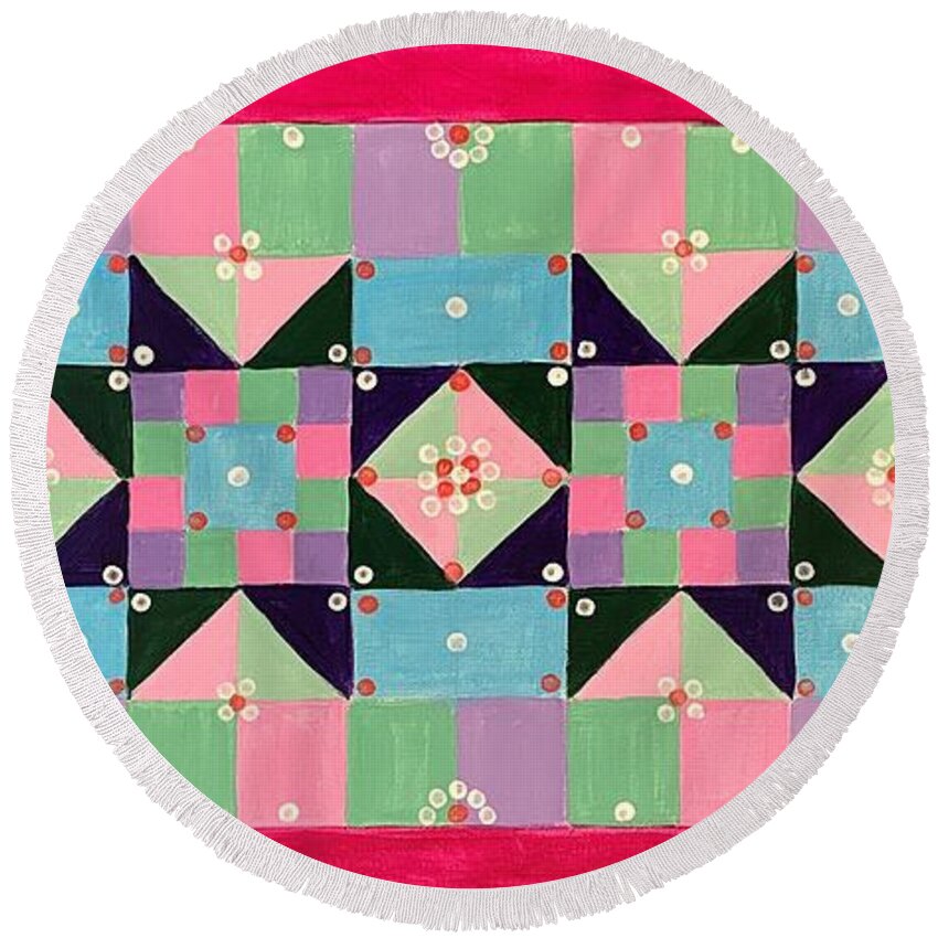 Quilt Round Beach Towel featuring the painting Quilt #3 by Nancy Sisco