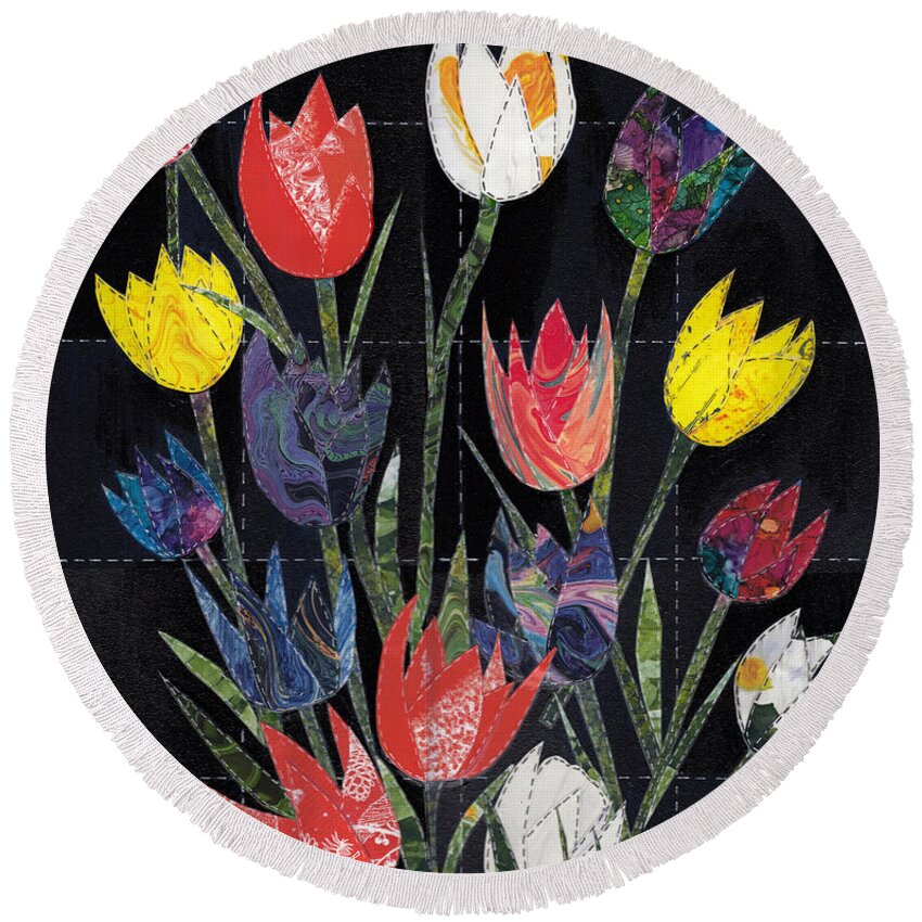 Tulips Round Beach Towel featuring the mixed media Quilting My Past Recycling My Dreams Tulip Quilt by Conni Schaftenaar
