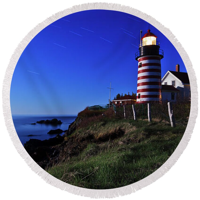 Maine Lighthouse Round Beach Towel featuring the photograph Quoddy Head by Moonlight by ABeautifulSky Photography by Bill Caldwell