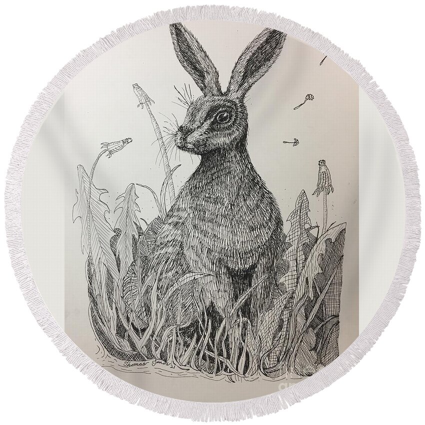 Drawing Round Beach Towel featuring the drawing Rabbit in a Field by Thomas Janos