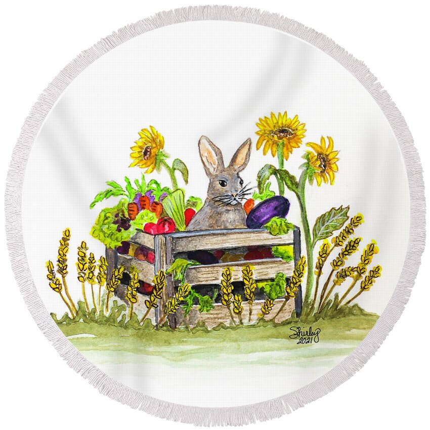 Rabbit Round Beach Towel featuring the painting Rabbit in the Veggies by Shirley Dutchkowski