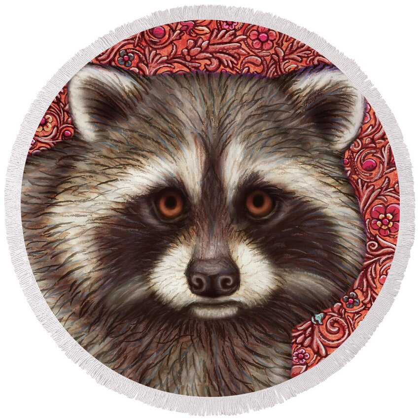 Raccoon Round Beach Towel featuring the painting Raccoon Tapestry by Amy E Fraser