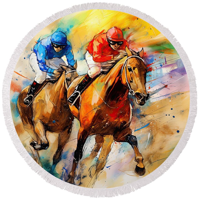Horse Racing Round Beach Towel featuring the photograph Race Day - Horse Racing Day by Lourry Legarde