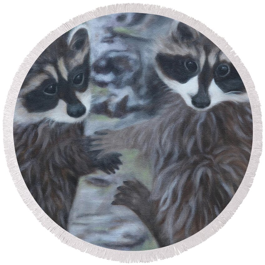 Racoons Round Beach Towel featuring the painting Racoon Buddies by Tammy Pool