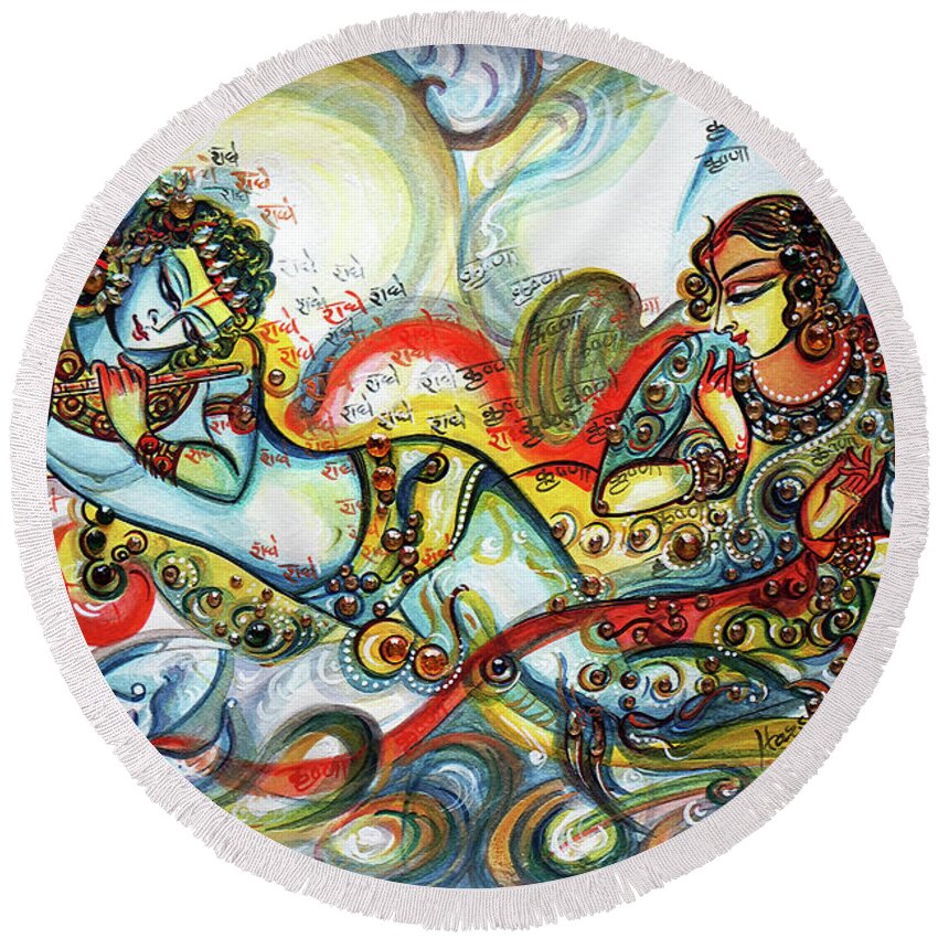 Krishna Round Beach Towel featuring the painting Radha Krishna - Flute - Love by Harsh Malik