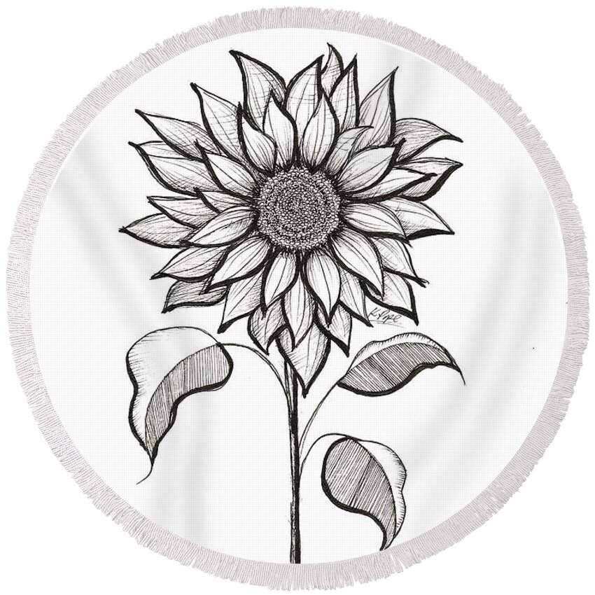 #bloom #flower #sun #sunflower #blackandwhite #drawing #ink #b&w #kpope Round Beach Towel featuring the drawing Radiant Bloom Sunflower in Ink by Kathy Pope