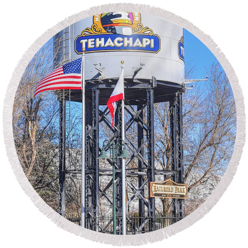 Water Tower Round Beach Towel featuring the photograph Railroad Park Tehachapi California by Floyd Snyder