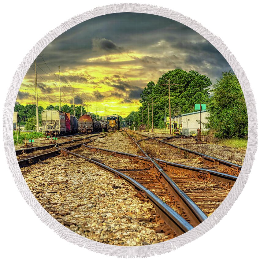 Railroads Round Beach Towel featuring the photograph Railroad Sunset by DB Hayes