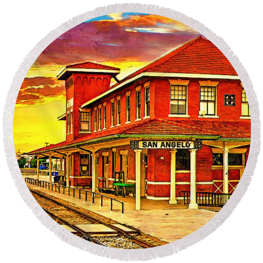 Railway Museum Round Beach Towel featuring the digital art Railway Museum of San Angelo, Texas, at sunset - digital painting by Nicko Prints