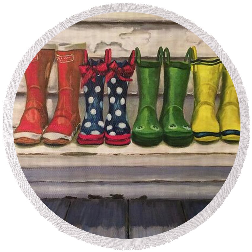 Paintings Round Beach Towel featuring the painting Rain Boots by Sherrell Rodgers