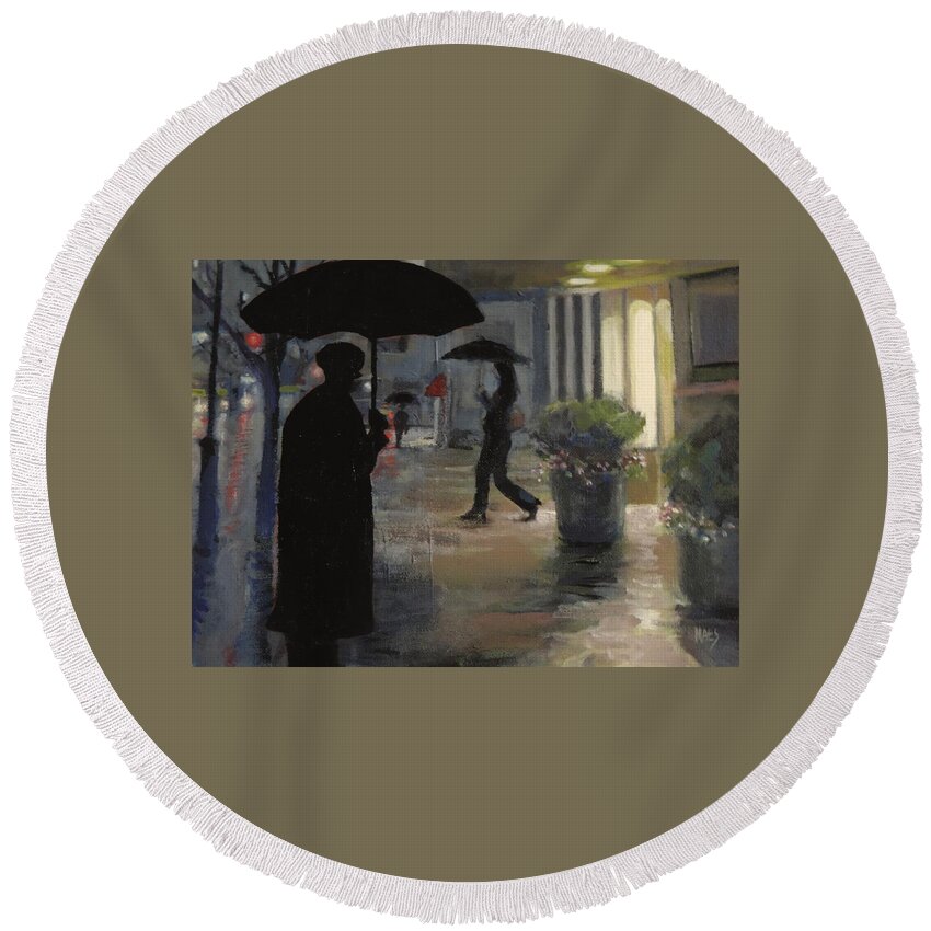 Waltmaes Round Beach Towel featuring the painting Rain in New York by Walt Maes