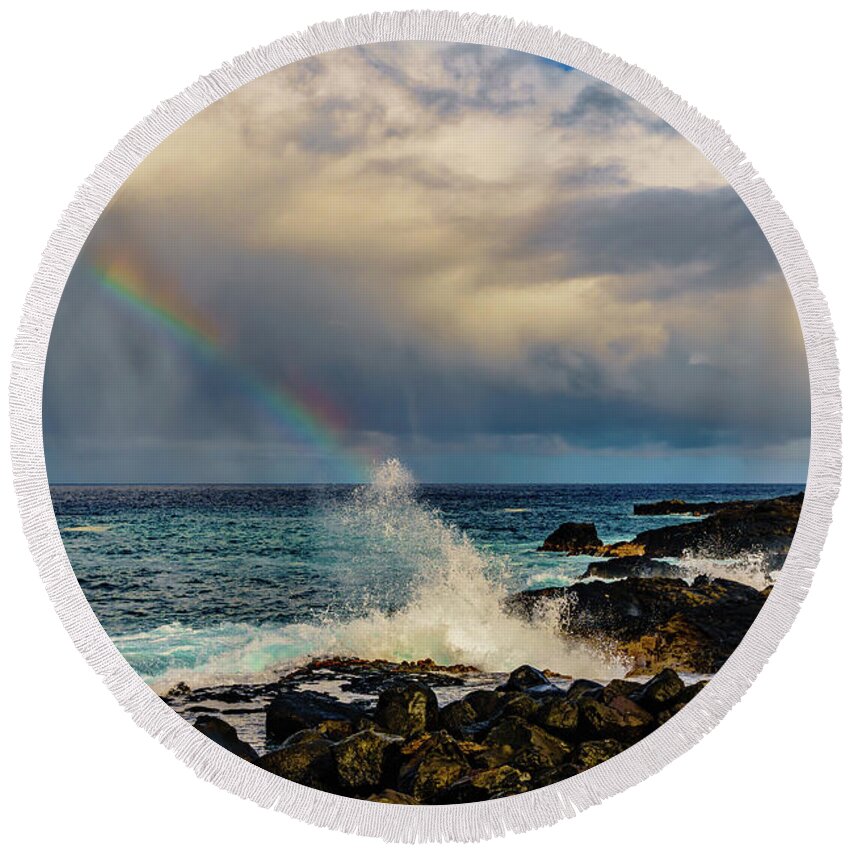 Hawaii Round Beach Towel featuring the photograph Rainbow and Splash by John Bauer