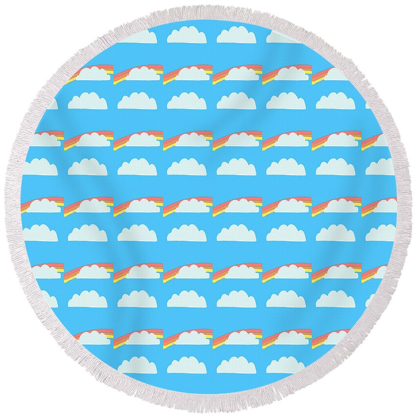 Pattern Round Beach Towel featuring the digital art Rainbow Clouds Pattern by Ashley Rice