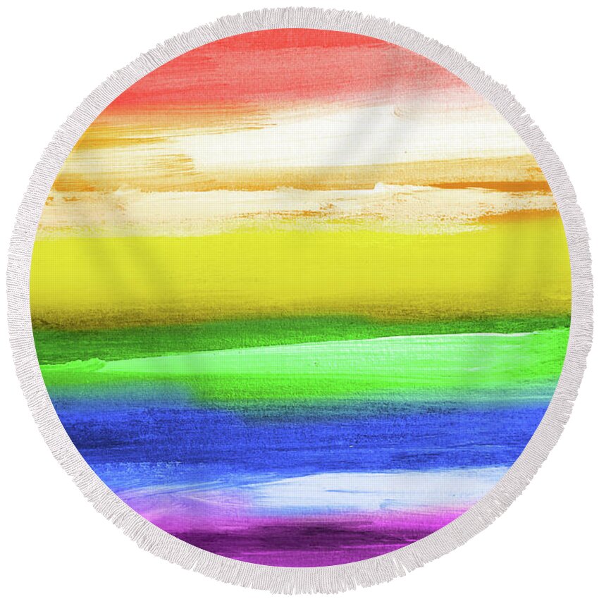 Rainbow Round Beach Towel featuring the painting Rainbow flag by Delphimages Flag Creations