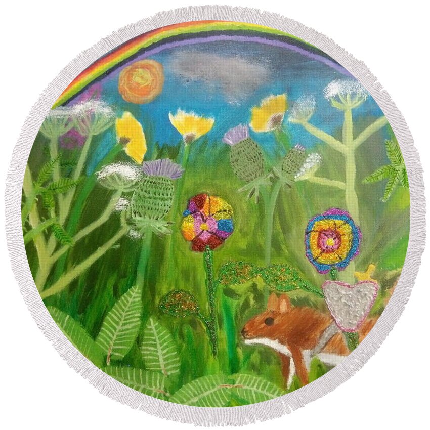 Lgbtq Round Beach Towel featuring the painting Rainbow Hero by David Westwood