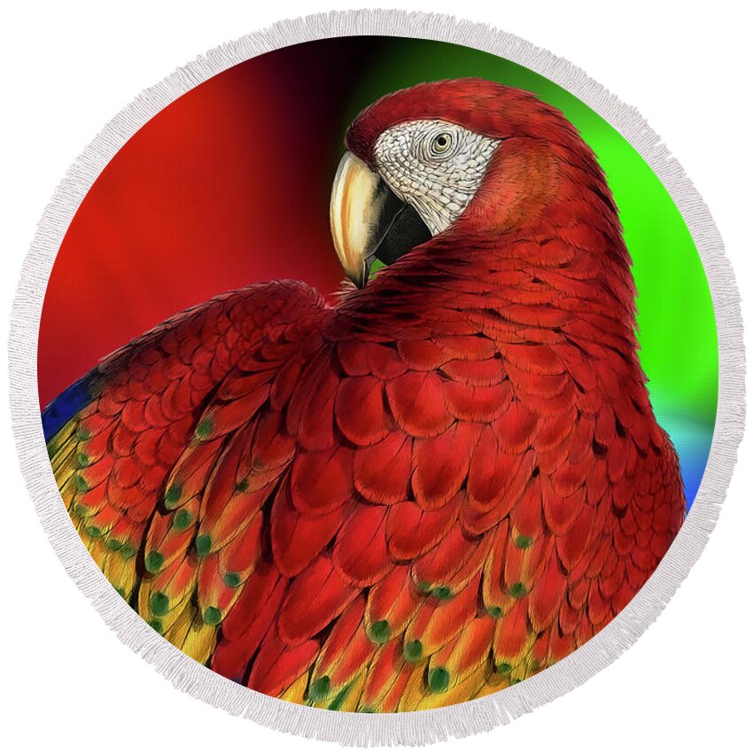 Parrot Round Beach Towel featuring the digital art Rainbow Macaw Parrot Pet Lover by Doreen Erhardt