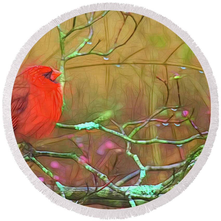 Rainy Day Cardinal Round Beach Towel featuring the photograph Rainy Day Cardinal by Bellesouth Studio