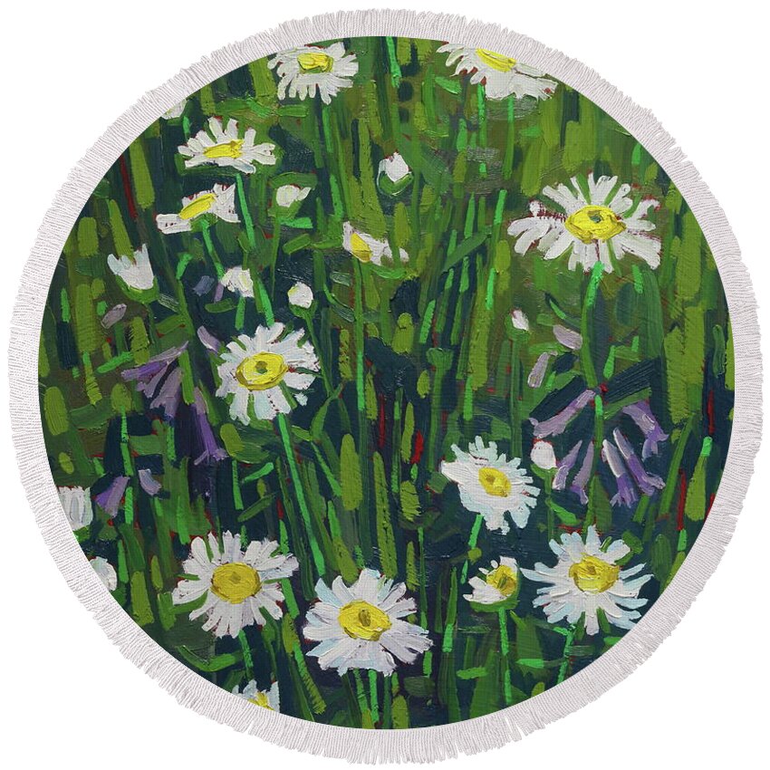 2671 Round Beach Towel featuring the painting Rainy Day Daisies by Phil Chadwick