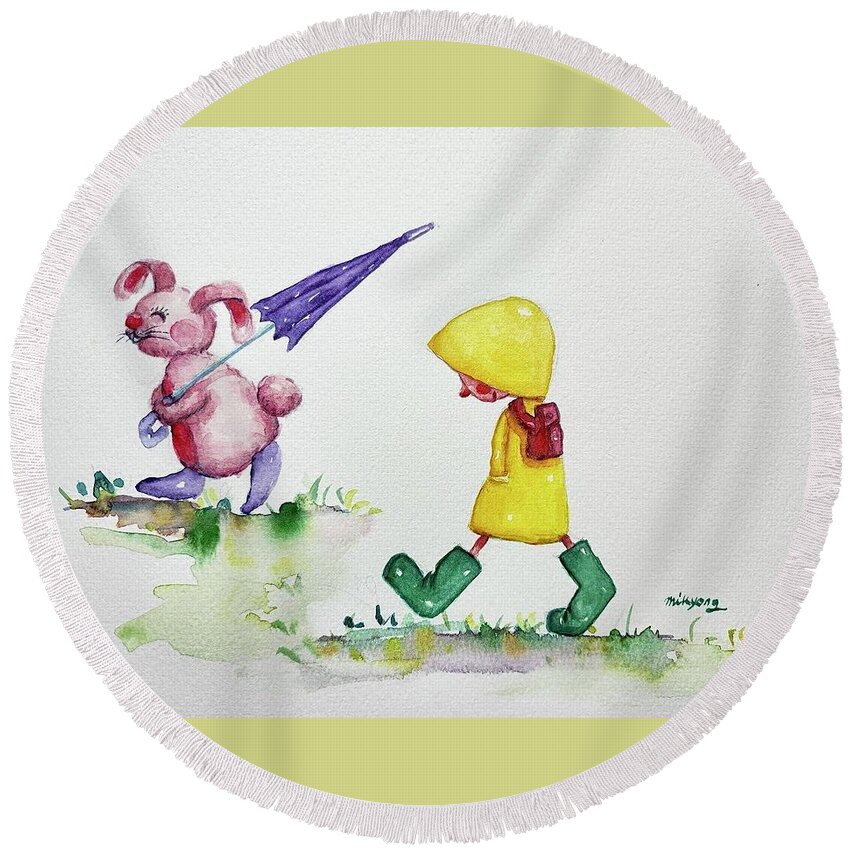 Rain Drop Round Beach Towel featuring the painting Rainy Day Walk by Mikyong Rodgers