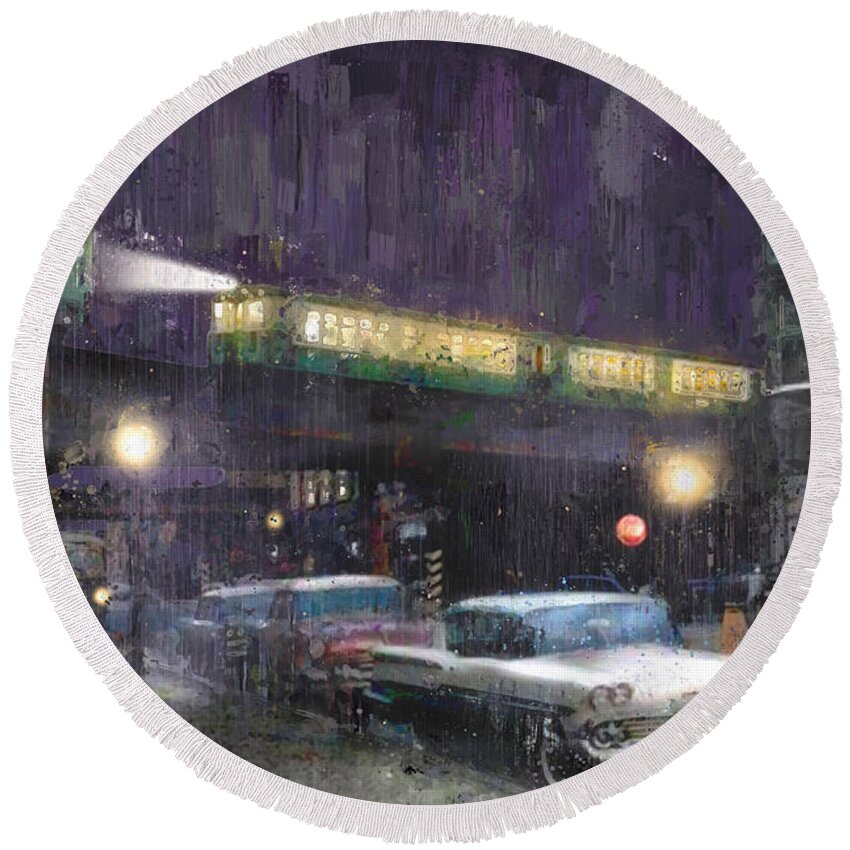 Cta Round Beach Towel featuring the painting Rainy Night - 58 Chevy and Ravenswood Trains by Glenn Galen