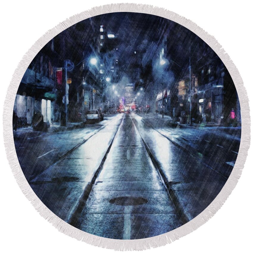 Weather Round Beach Towel featuring the digital art Rainy Night Downtown by Phil Perkins