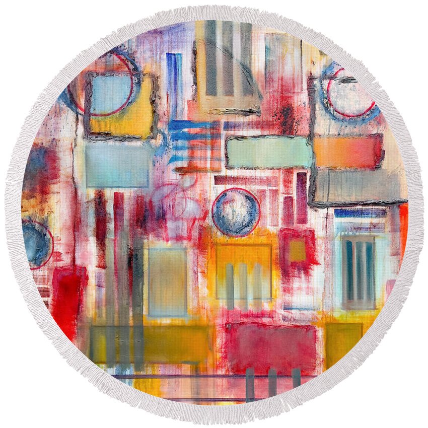 Abstract Round Beach Towel featuring the painting Rainy Panes by Jason Williamson