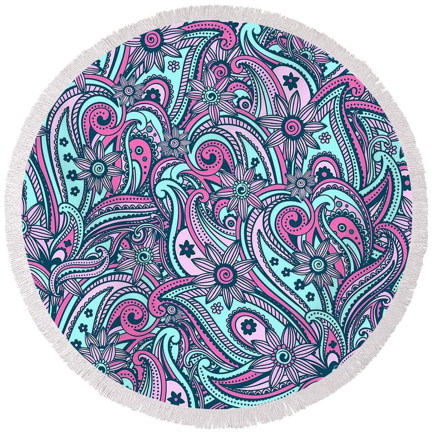 Colorful Round Beach Towel featuring the digital art Ramiva - Bright Colorful Zentangle Pattern by Sambel Pedes