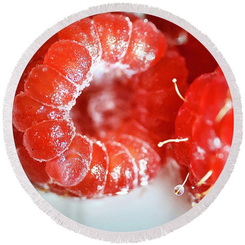 Macro Round Beach Towel featuring the photograph Raspberry on Ice by Elisabeth Derichs