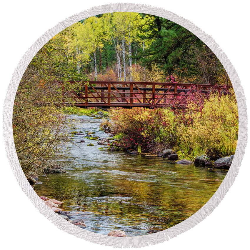 Fall Round Beach Towel featuring the photograph Rattle Snake River Bridge by Pamela Dunn-Parrish