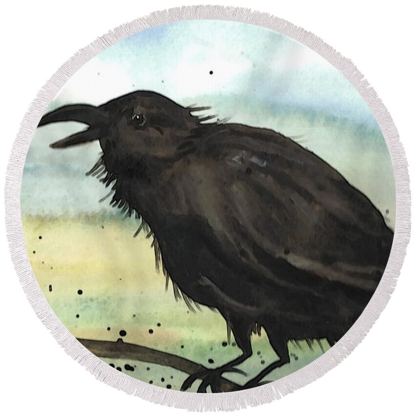 Raven Round Beach Towel featuring the painting Raven Raven by Vallee Johnson