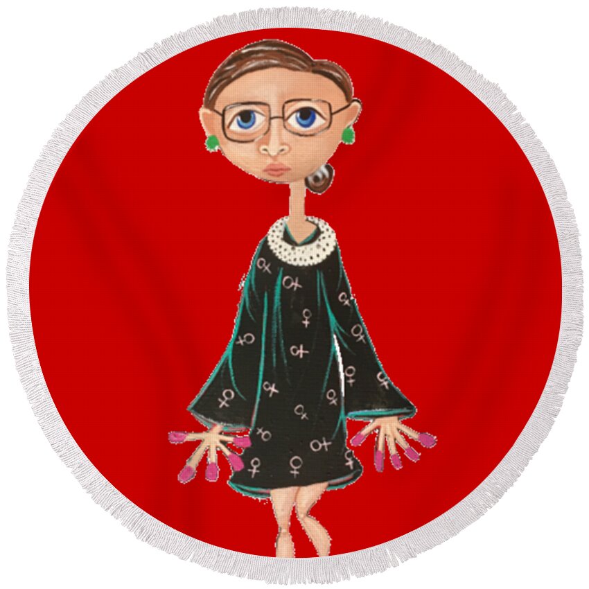 Ruth Bader Ginsburg Round Beach Towel featuring the painting RBG solo Two by Juliet Gilden