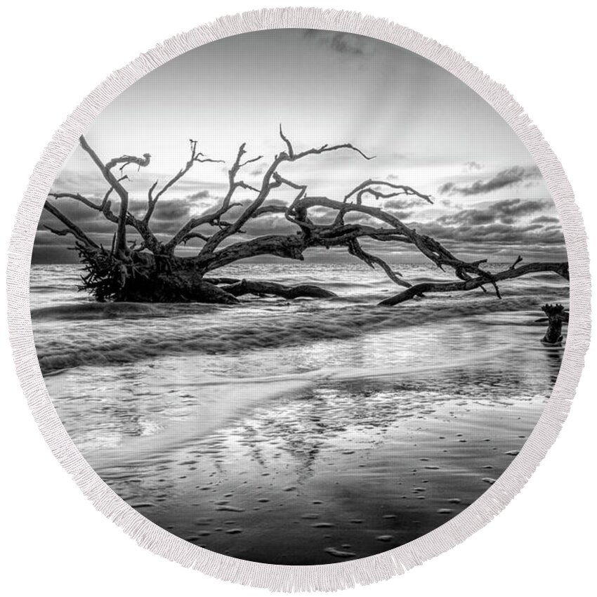 Clouds Round Beach Towel featuring the photograph Reaching into the Waves at Driftwood Beach Jekyll Island Black a by Debra and Dave Vanderlaan
