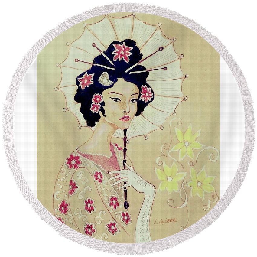 Geisha Round Beach Towel featuring the drawing Real beauty by Lana Sylber