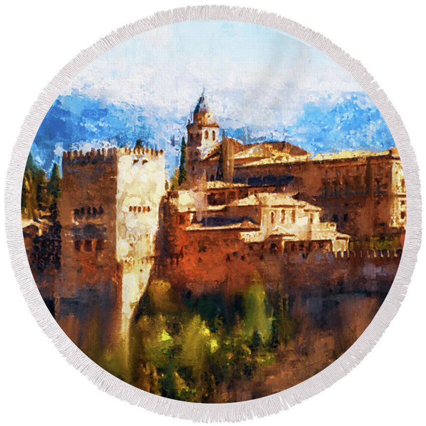 Granada Round Beach Towel featuring the painting Recuerdos de la Alhambra - 03 by AM FineArtPrints