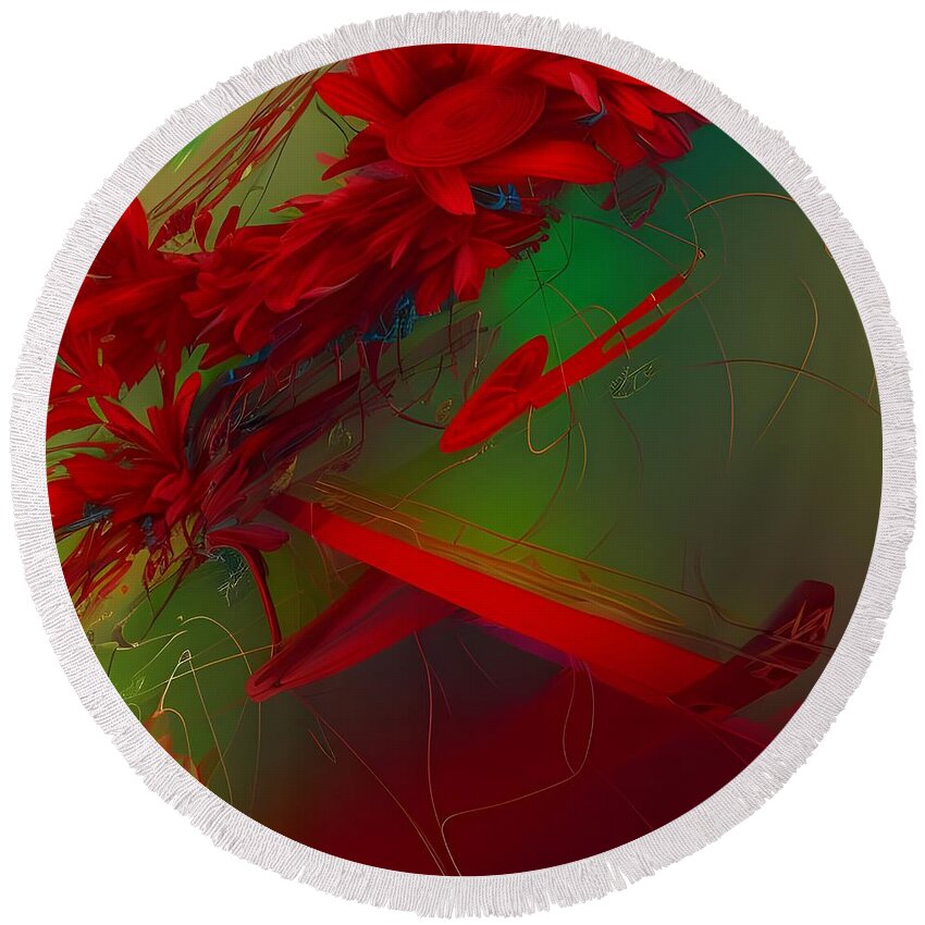 Digital Christmas Red Green Abstract Round Beach Towel featuring the digital art Red Abstract Flowers by Beverly Read