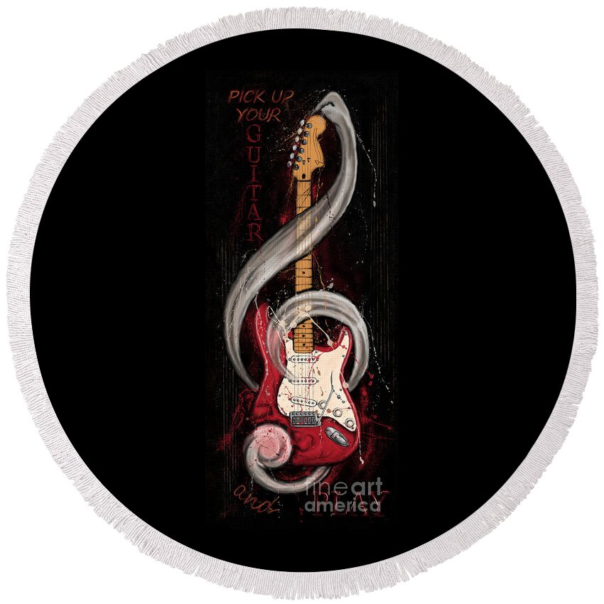 Electric Guitar Round Beach Towel featuring the painting Red and ivory electric guitar, bass guitar by Nadia CHEVREL