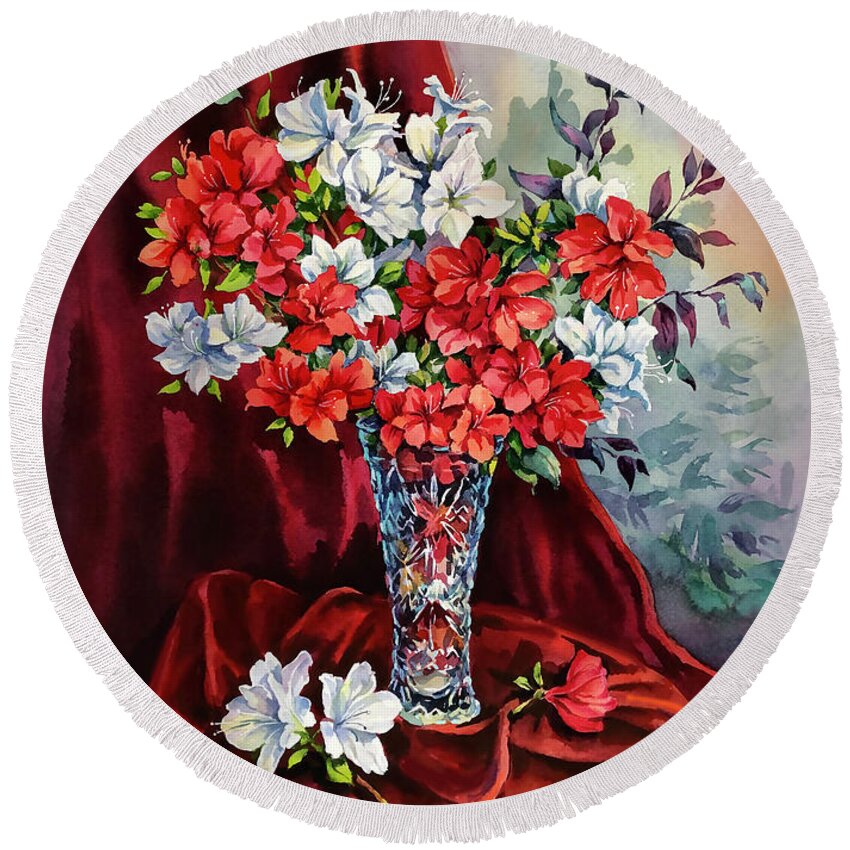 Still Life Round Beach Towel featuring the painting Red and White Azaleas by Maria Rabinky