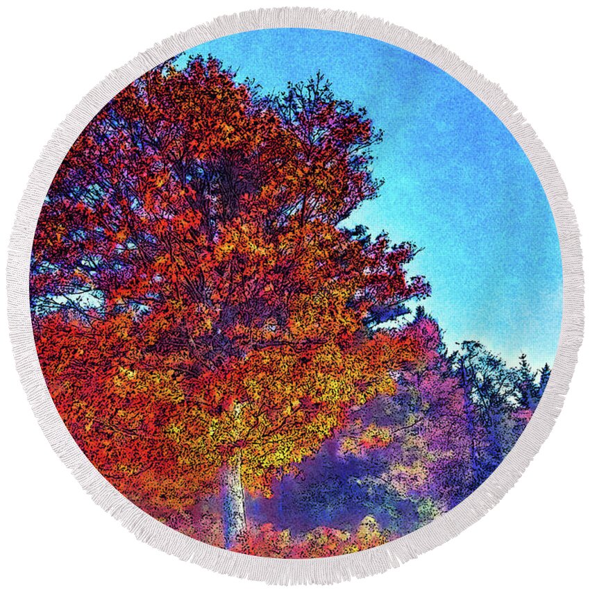 Autumn Round Beach Towel featuring the digital art Red and Yellow Autumn Tree fx by Dan Carmichael