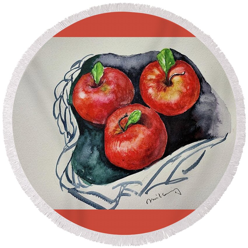  Round Beach Towel featuring the painting Red Apples by Mikyong Rodgers