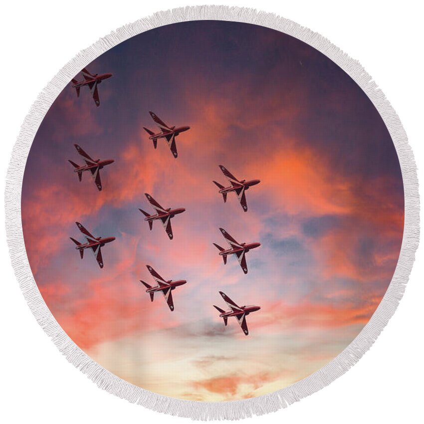 Eastbourne International Airshow Round Beach Towel featuring the photograph Red Arrows over Eastbourne by Andrew Lalchan