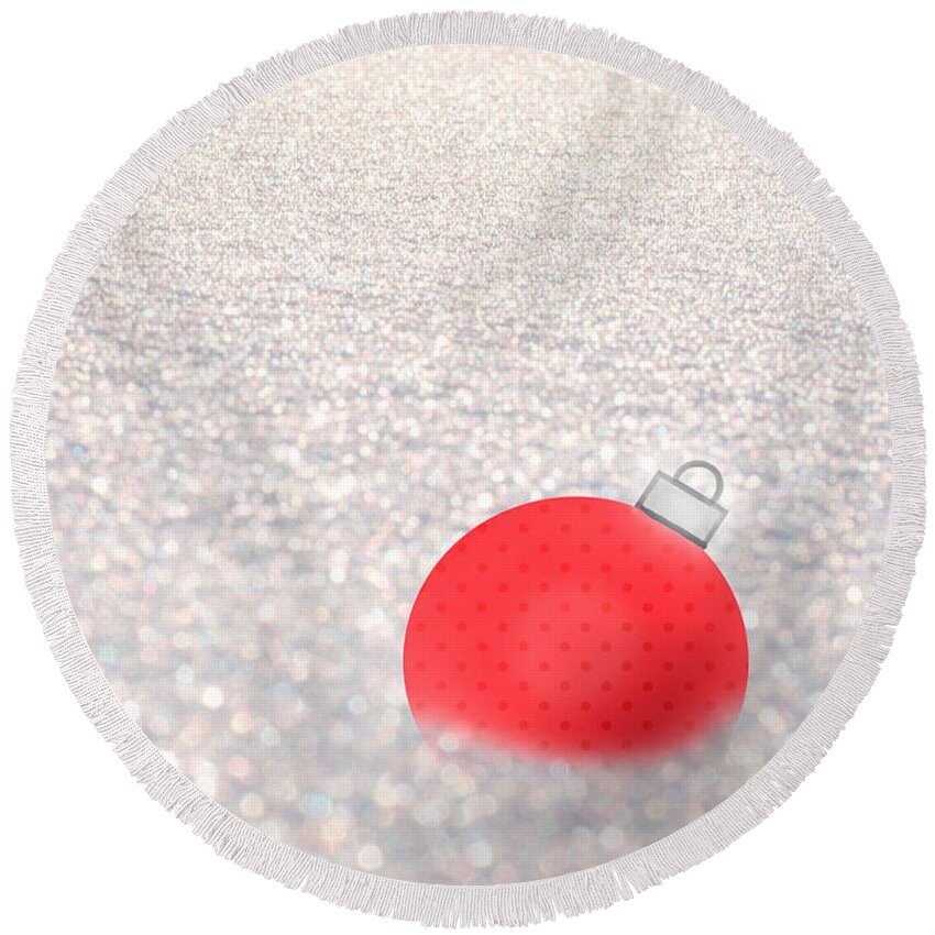 Red Ball Round Beach Towel featuring the mixed media Red Ball in Snow by Moira Law