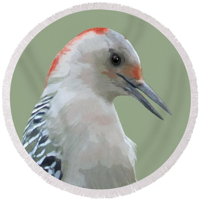 Nature Round Beach Towel featuring the mixed media Red Bellied Woodpecker by Judy Cuddehe