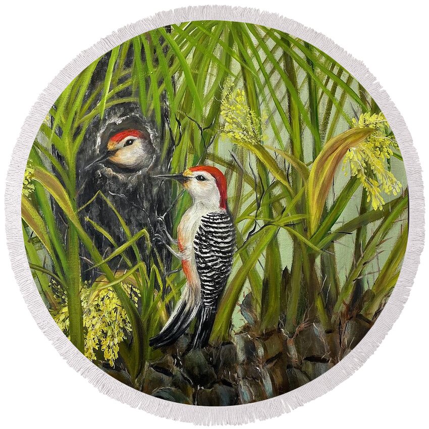 Birds Round Beach Towel featuring the painting Red Bellied Woodpeckers by Barbara Landry