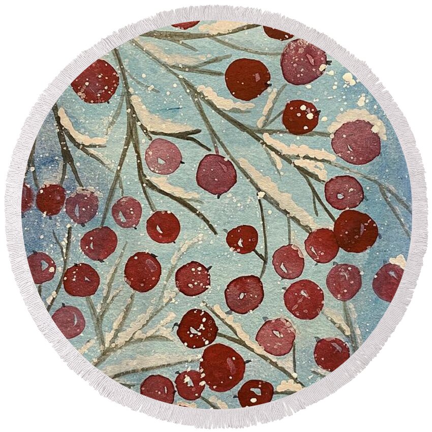 Red Berries Round Beach Towel featuring the painting Red Berries in Snow by Lisa Neuman