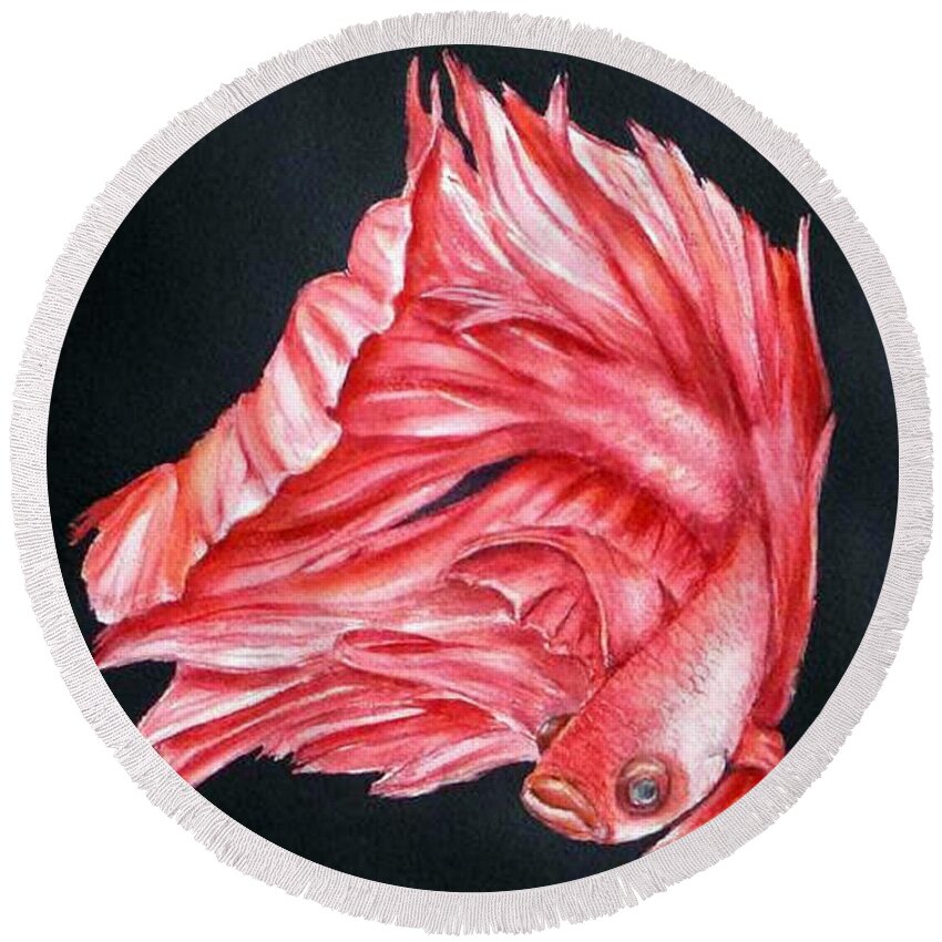 Siamese Fighting Fish Round Beach Towel featuring the painting Red Betta Fighting Fish by Kelly Mills