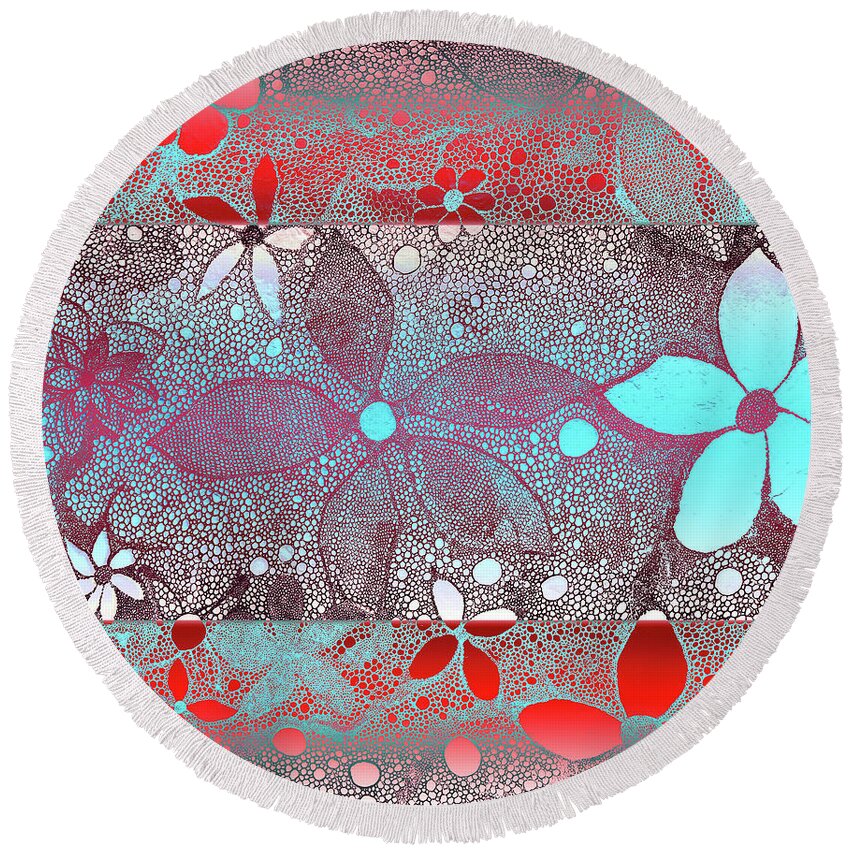 Red Round Beach Towel featuring the mixed media Red Blue Flowers In Lace by Melinda Firestone-White