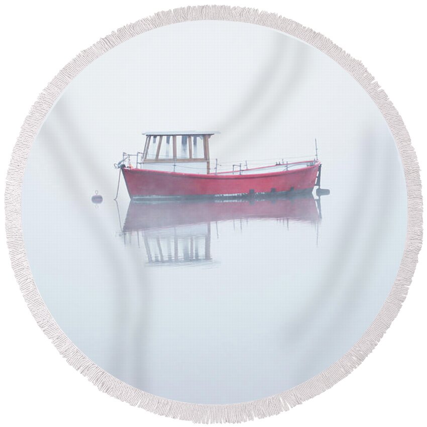 Red Boat Round Beach Towel featuring the photograph Red Boat in the Mist, Coniston Water by Anita Nicholson