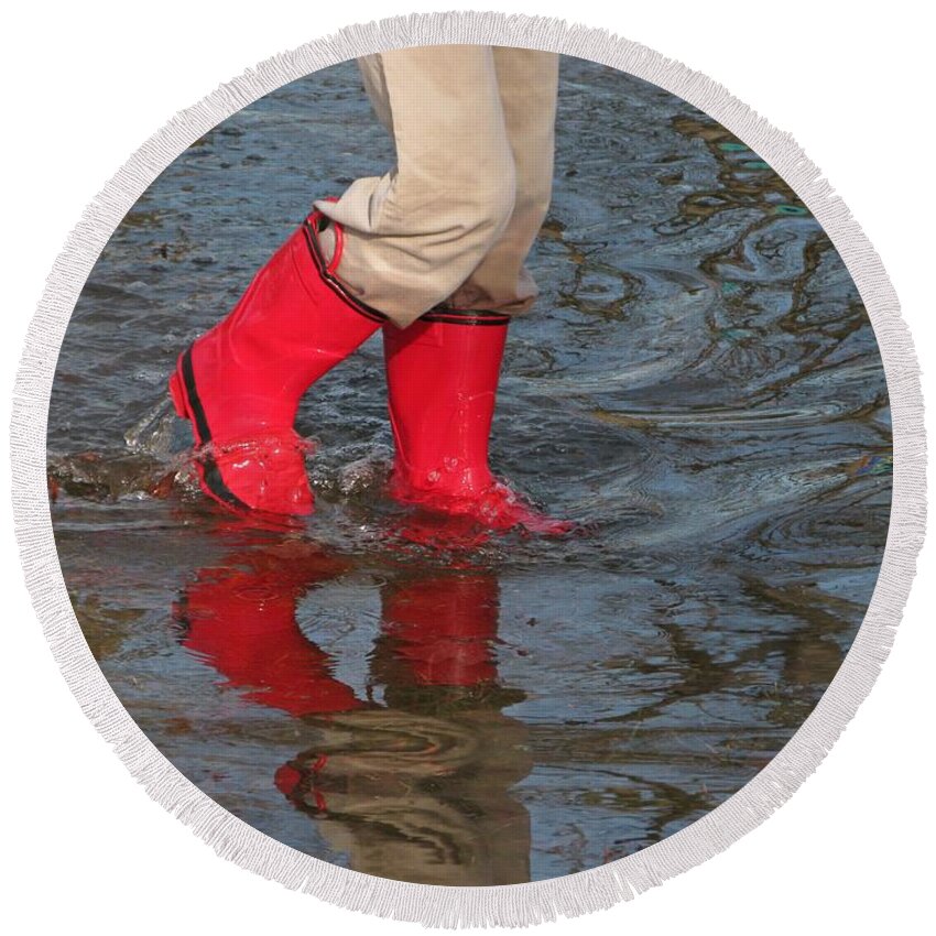 Puddle Round Beach Towel featuring the photograph Red Boots by Ann Horn