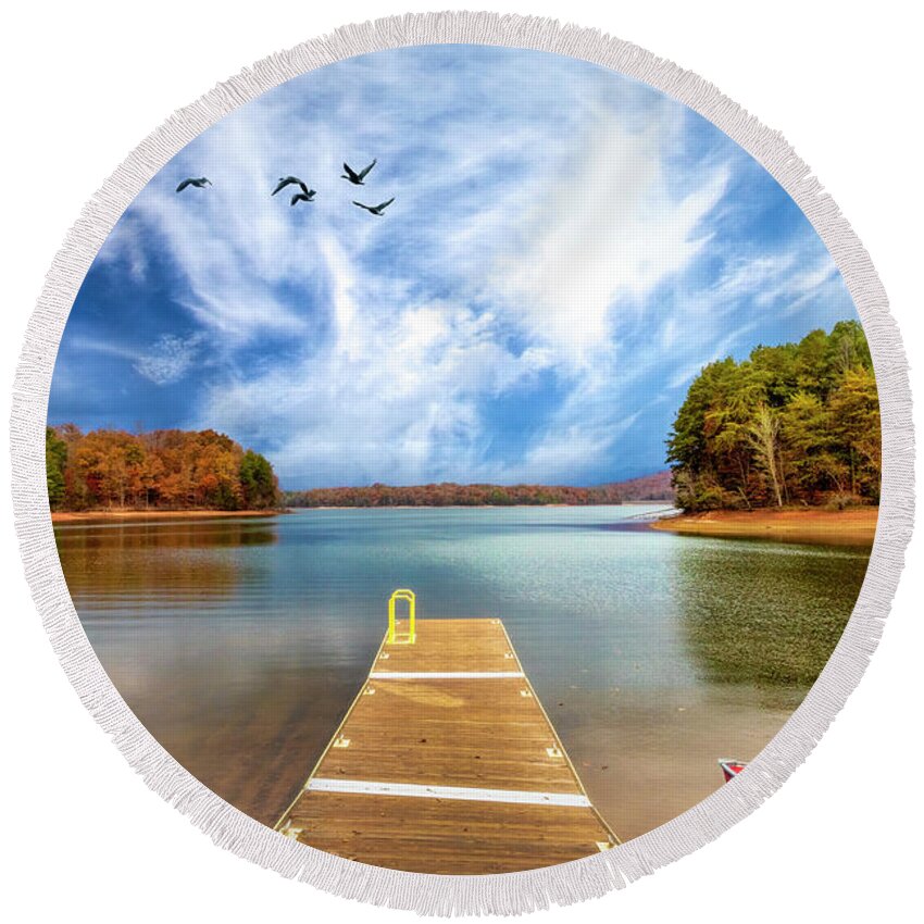 Pier Round Beach Towel featuring the photograph Red Canoe at the Lake Dock by Debra and Dave Vanderlaan