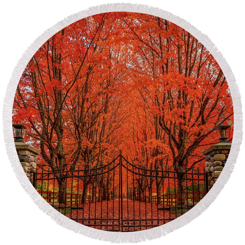 Fall Round Beach Towel featuring the photograph Red Canopy by Dan Mihai
